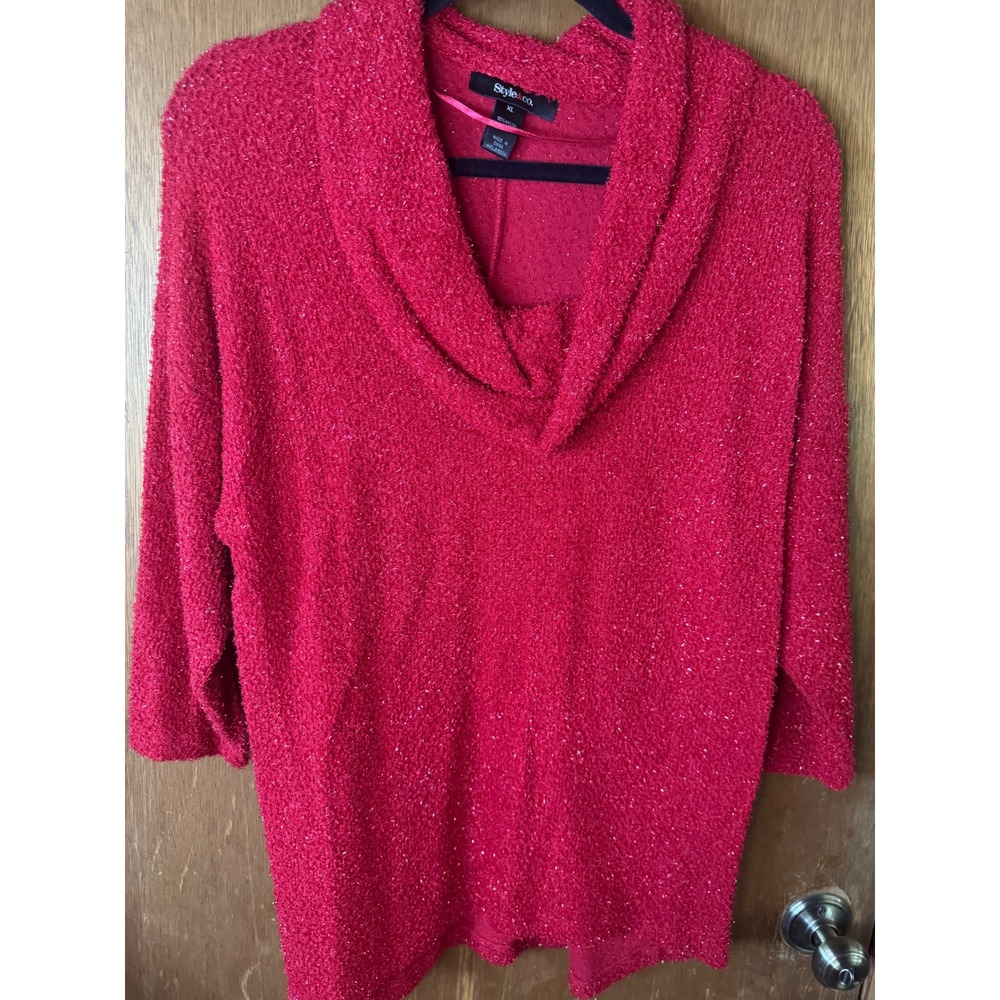 Style & Co Red Cowl Neck Eyelash Knit Shimmer Sweater XL Womens 3/4 Sleeve